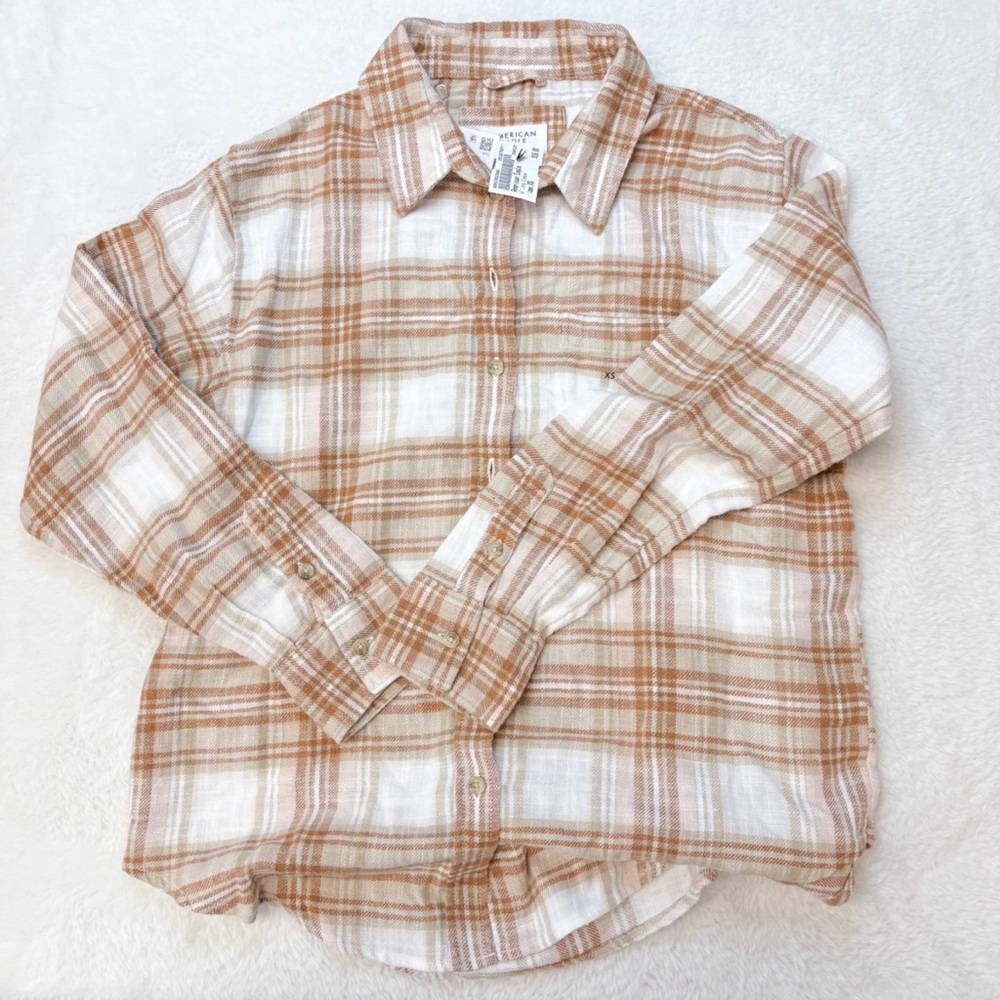 American Eagle Outfitters Brown and White Plaid Shirt